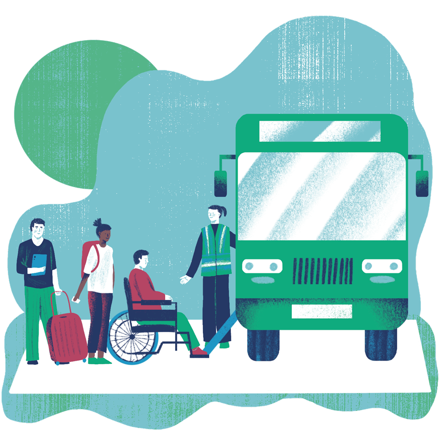 An illustration of passengers patiently waiting to board a bus as a transit worker assists a wheelchair user onto the bus.